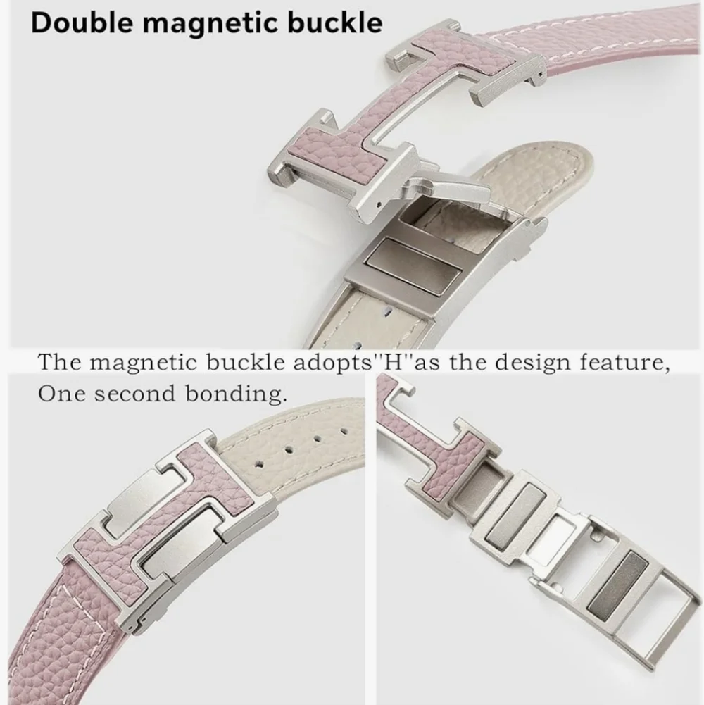 Pink Lychee Grain Leather Apple Watch Band With Magnetic H Buckle